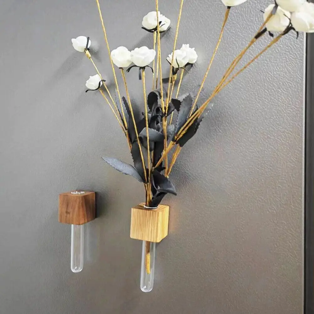 Wooden Test Tube Vase DIY Flower Arrangement Magnetic Simulation Flower Vase Refrigerator Sticker Home Kitchen Decoration