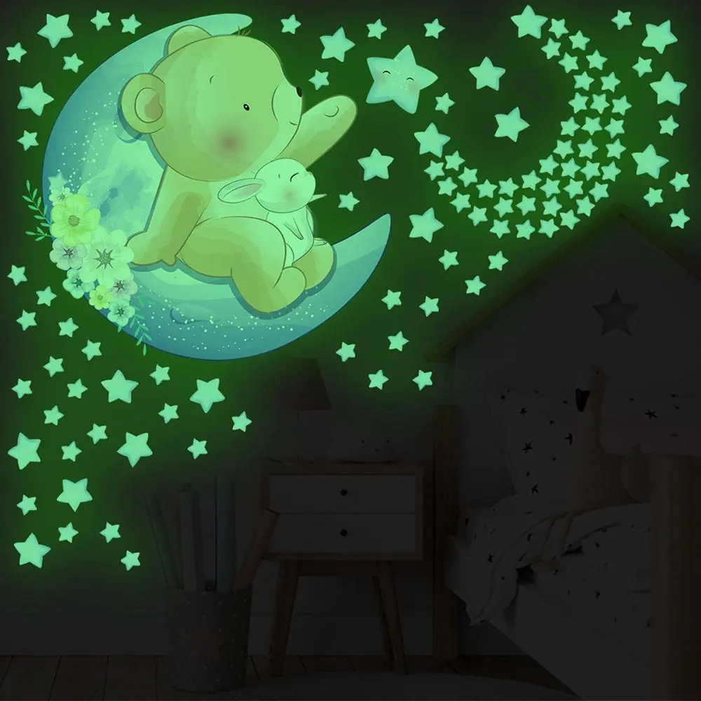 Luminous Wall Stickers Cartoon Sleeping Animal Fluorescent Star Decals Sleeping On Moon Glow In The Dark Starry Ceiling Bedroom