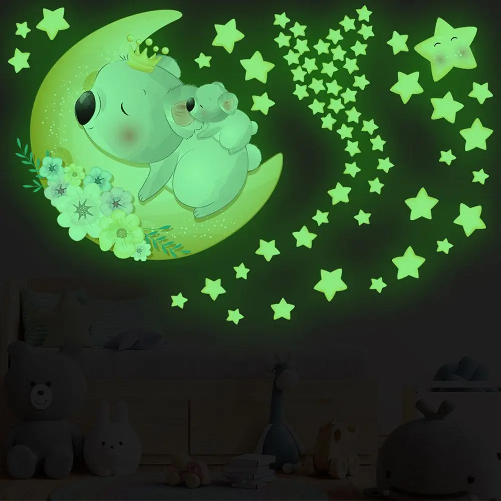 Luminous Wall Stickers Cartoon Sleeping Animal Fluorescent Star Decals Sleeping On Moon Glow In The Dark Starry Ceiling Bedroom