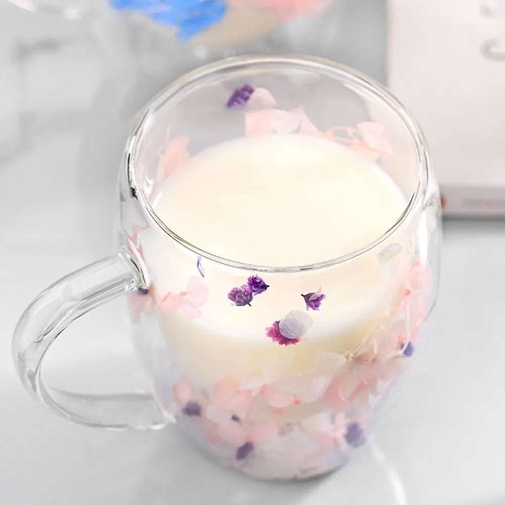Dried Flowers Double Walled Coffee Mug 350ml Dried Flowers Glass Mugs Unique Creative Flower Mug with Handle Anti-Scalding Mug