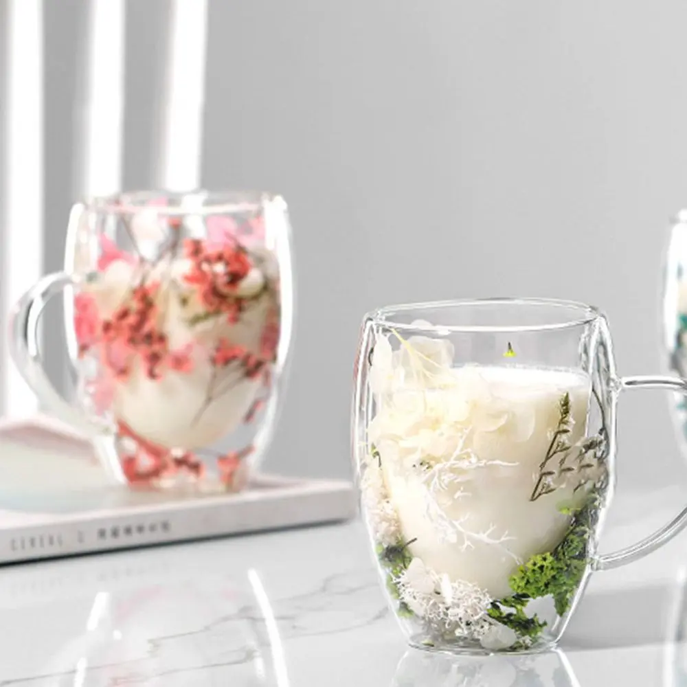 Dried Flowers Double Walled Coffee Mug 350ml Dried Flowers Glass Mugs Unique Creative Flower Mug with Handle Anti-Scalding Mug