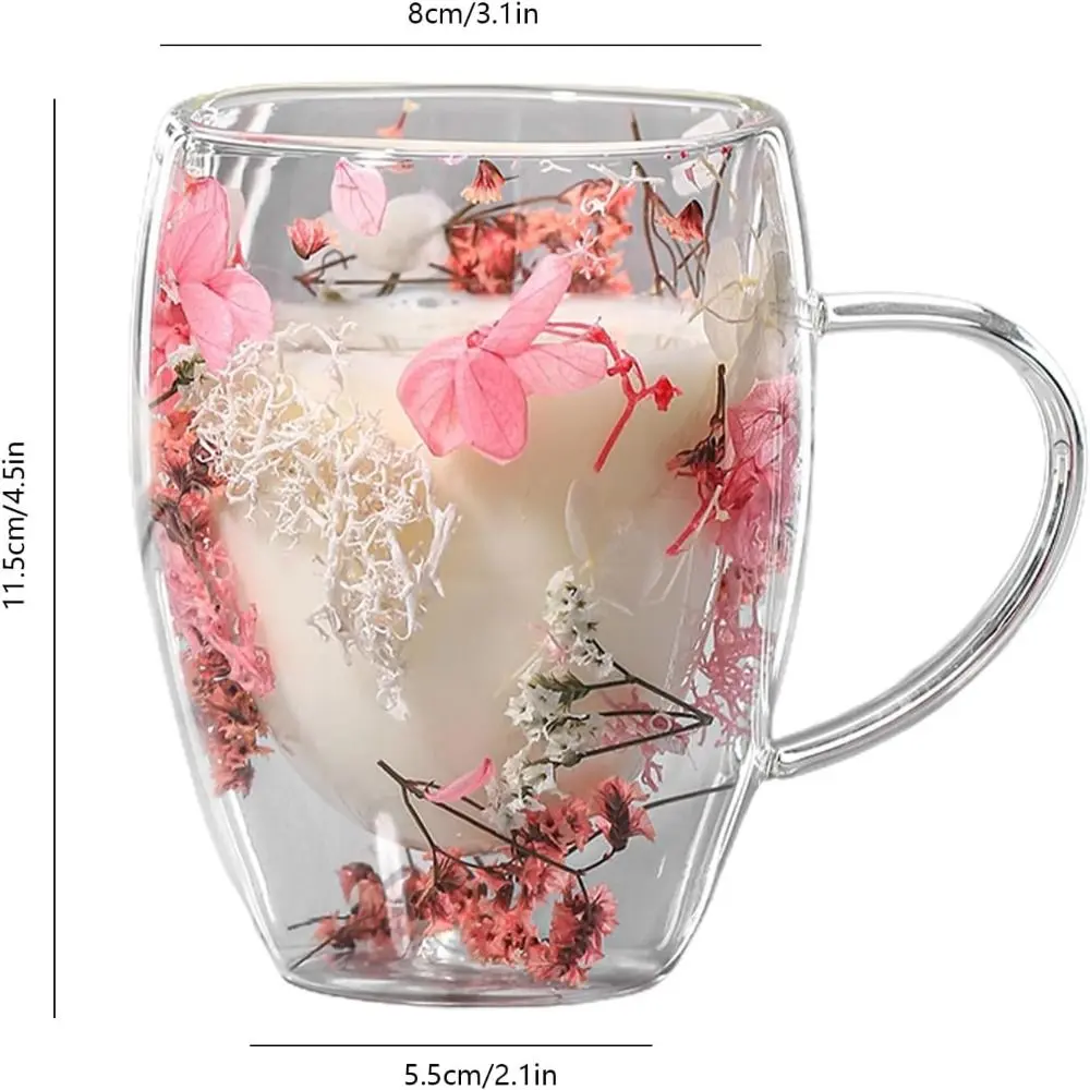 Dried Flowers Double Walled Coffee Mug 350ml Dried Flowers Glass Mugs Unique Creative Flower Mug with Handle Anti-Scalding Mug