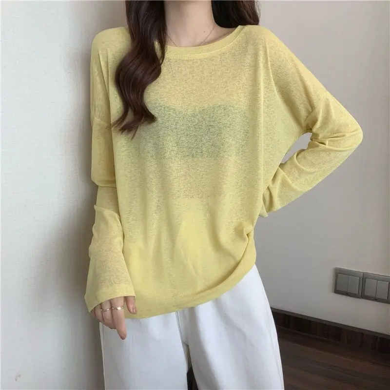 Summer New Versatile Solid Color Loose Round Neck Long-sleeved Sunscreen T-shirt Bottoming Shirt Women's Korean Version Slim Top