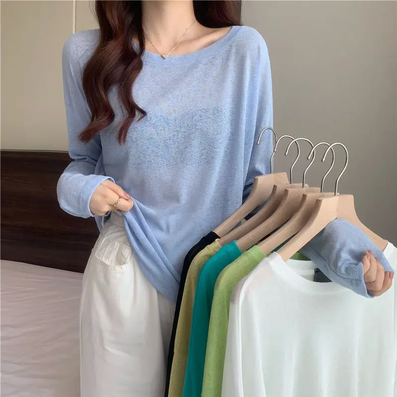 Summer New Versatile Solid Color Loose Round Neck Long-sleeved Sunscreen T-shirt Bottoming Shirt Women's Korean Version Slim Top