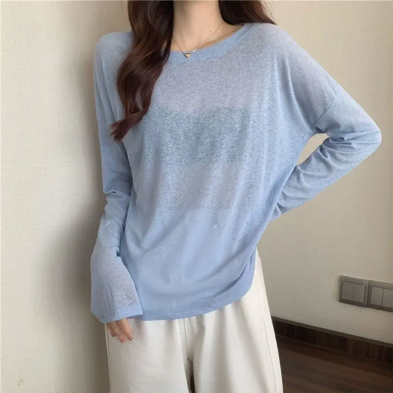 Summer New Versatile Solid Color Loose Round Neck Long-sleeved Sunscreen T-shirt Bottoming Shirt Women's Korean Version Slim Top