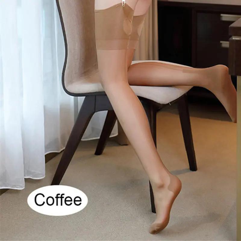 Retro Cuban Heel Back Seam Thigh High Stockings 8D Thin Transparent Medias Wide Rib Top Edge Nylon Pantyhose Women Sexy Lingerie
