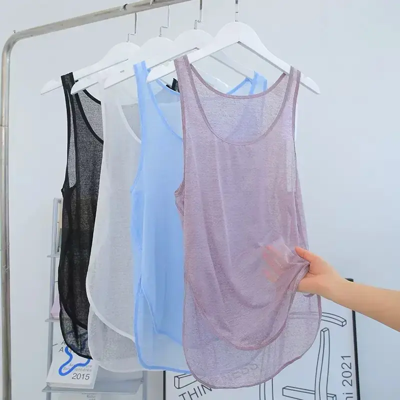 Women's Workout Yoga Tops Sheer Mesh Gym Exercise Shirts Flowy loose  Tank Top Summer Side Split Sleeveless Shirts 2024 Fashion