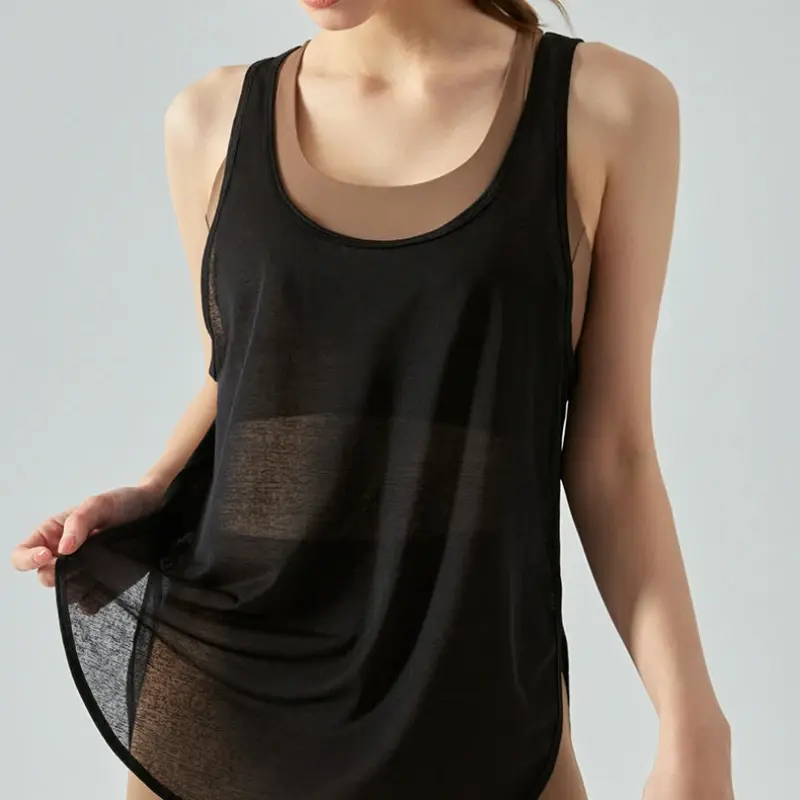 Women's Workout Yoga Tops Sheer Mesh Gym Exercise Shirts Flowy loose  Tank Top Summer Side Split Sleeveless Shirts 2024 Fashion
