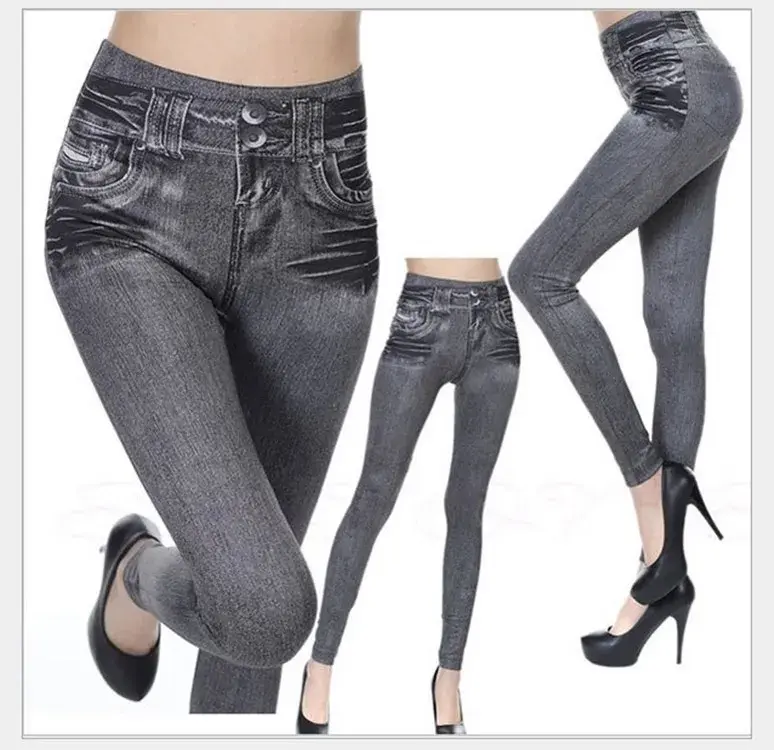 2023 Slim Women Workout Leggings Faux Denim Jeans Leggings Fashion Fitness Leggings High Waist Pencil Plus Size Pants for Women