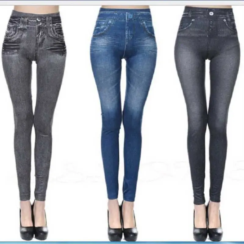 2023 Slim Women Workout Leggings Faux Denim Jeans Leggings Fashion Fitness Leggings High Waist Pencil Plus Size Pants for Women