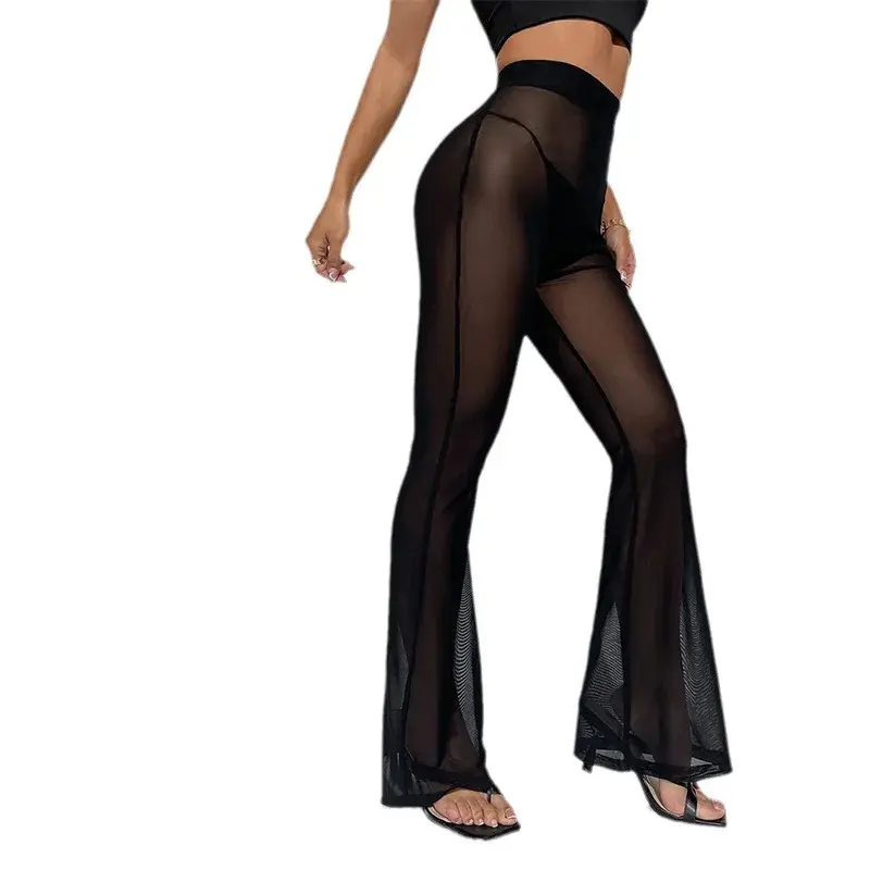 Women's Romansong Sheer Mesh Flare Leggings Stretchy High Waist Long Pants Lightweight Casual Skinny Baggy Black Pants