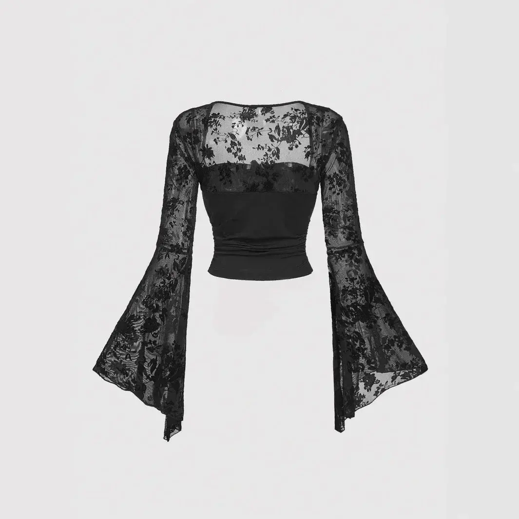 Gothic Sexy Lace Mesh Flared Long Sleeve Smock Y2K Vintage Black See Through Cover-ups T-Shirts Grunge Summer Women Streetwear