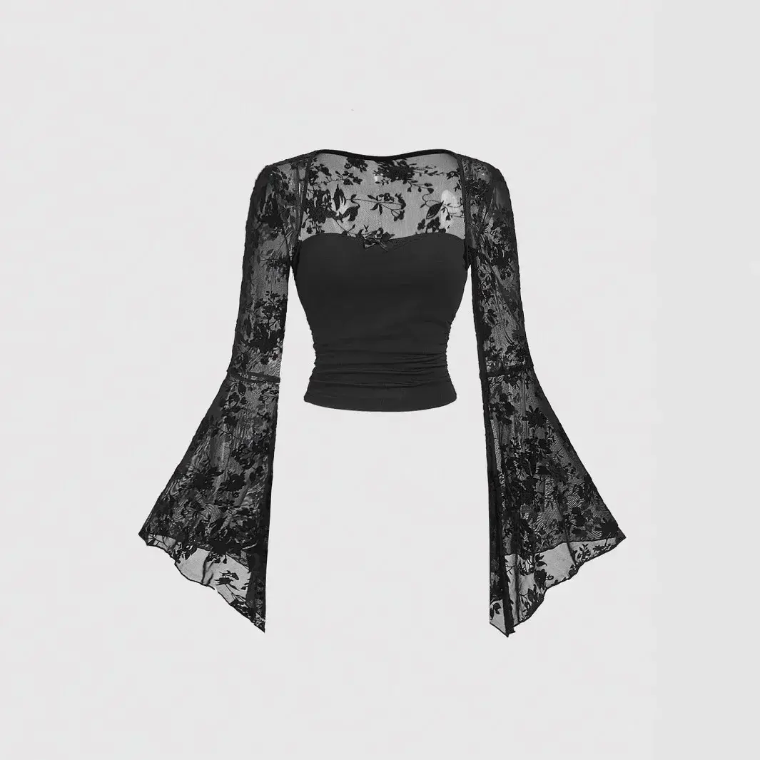 Gothic Sexy Lace Mesh Flared Long Sleeve Smock Y2K Vintage Black See Through Cover-ups T-Shirts Grunge Summer Women Streetwear