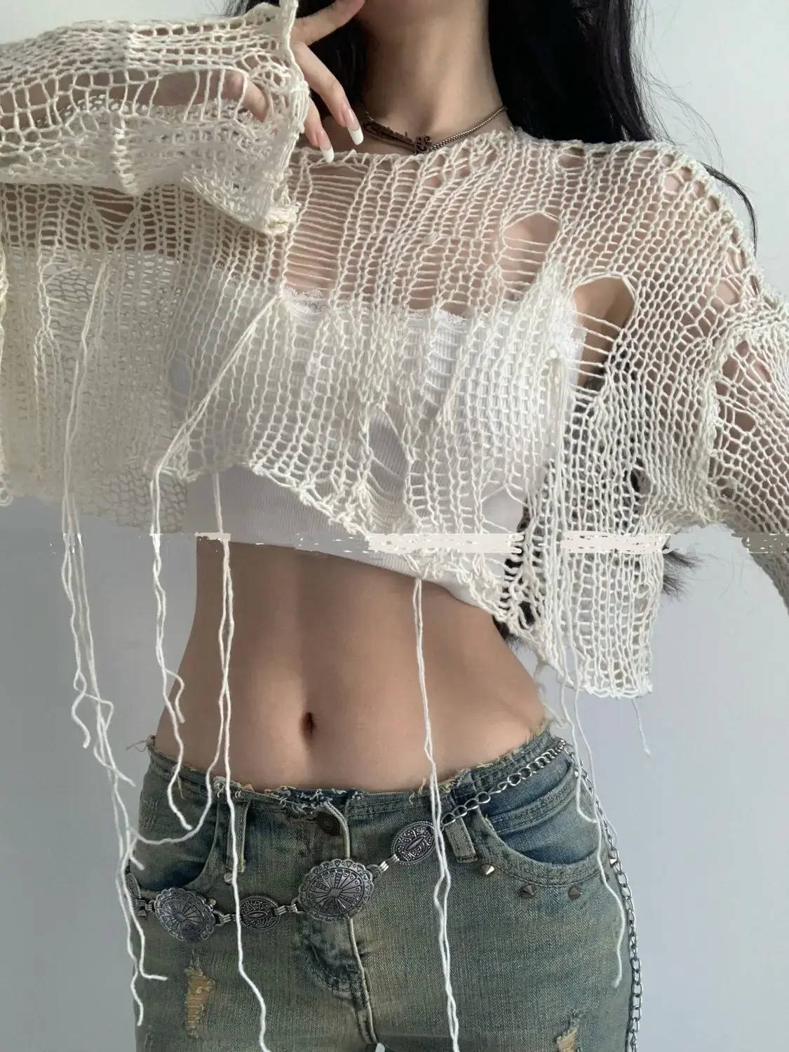 White Slash Neck Grunge Knitted Women's Sweater Hole Ripped Pullover Crop Top Harajuku Hollow Out Sexy Summer Jumpers