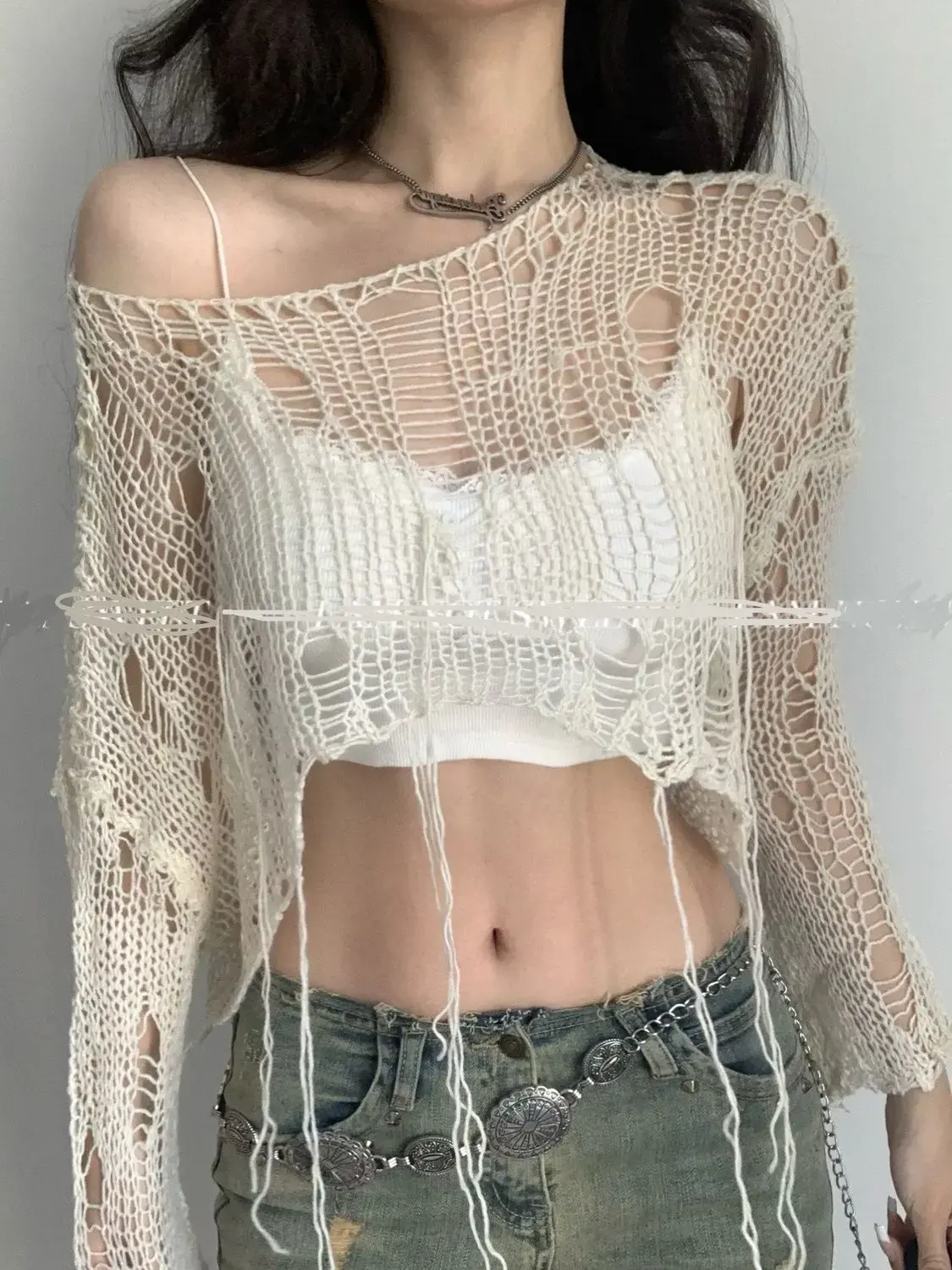 White Slash Neck Grunge Knitted Women's Sweater Hole Ripped Pullover Crop Top Harajuku Hollow Out Sexy Summer Jumpers