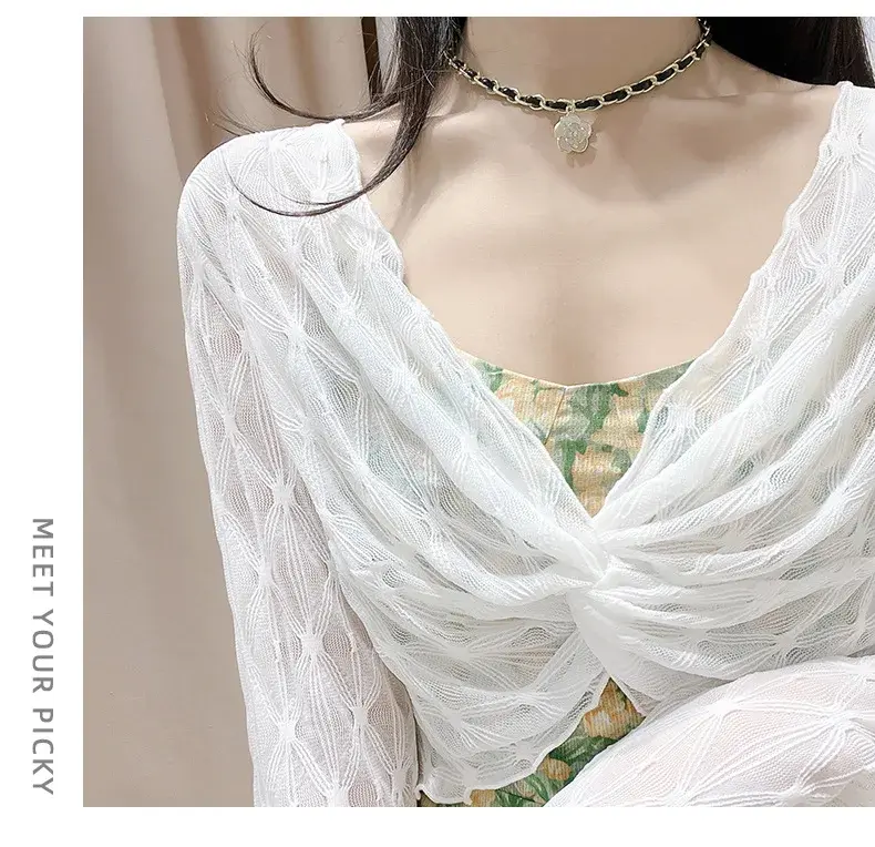 Womens Sheer Shrug Sweaters 3/4 SleeveRuffle Lightweight Knit Bolero Jacket Lightweight Crochet Knit Cover Up Tops SunProtection