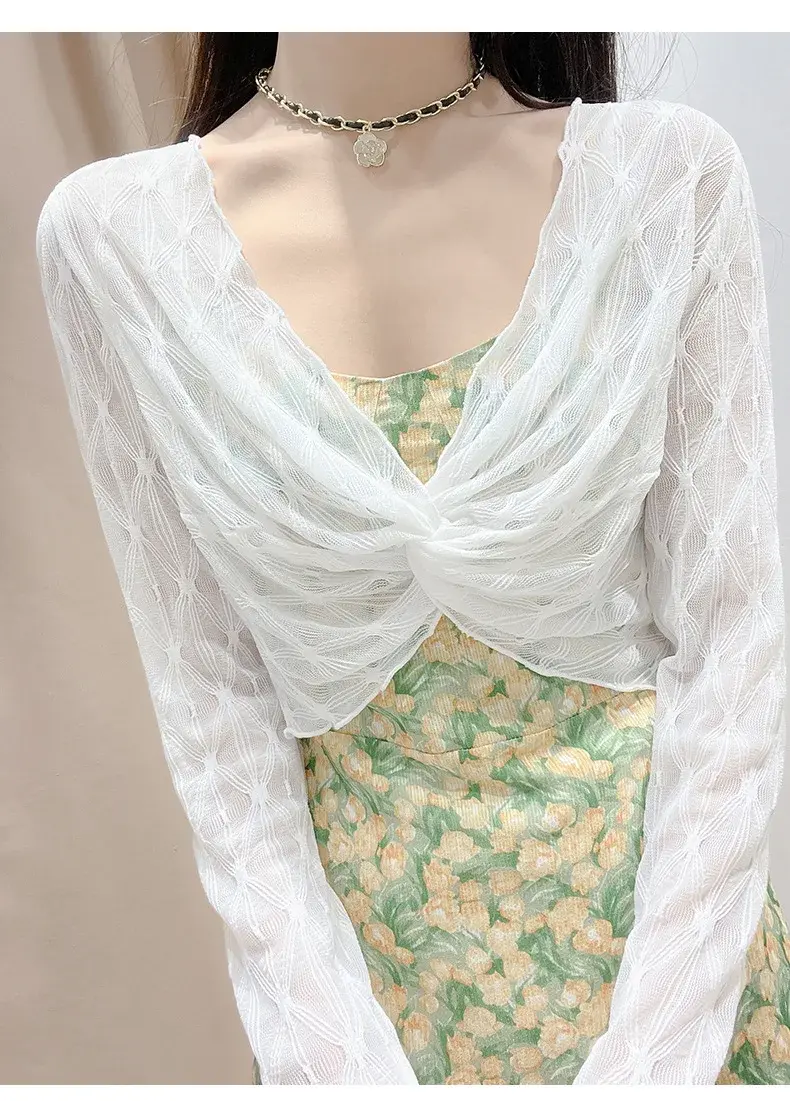 Womens Sheer Shrug Sweaters 3/4 SleeveRuffle Lightweight Knit Bolero Jacket Lightweight Crochet Knit Cover Up Tops SunProtection