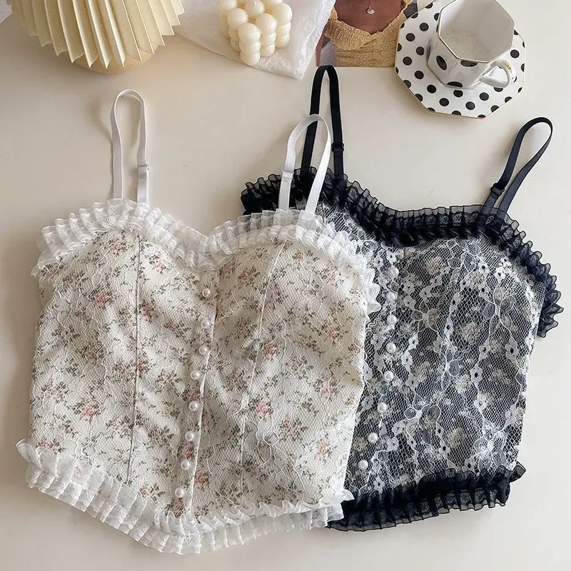 Floral Tube Tops French Wood Ear-hem Camisole Women's Breathable Lace Tank Tops Back-beautiful Underwear for Summer