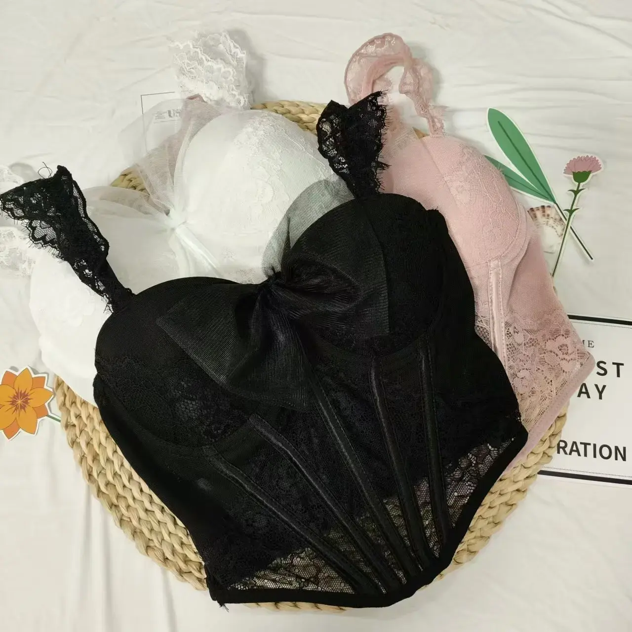 French Butterfly Embroidery Ins Style Slim-fit Hottie Lace Sexy Hollowing Mesh See Through Crop Top Bow Bandage Corset