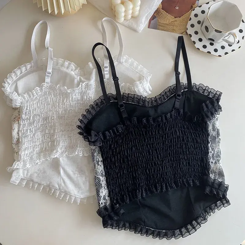 Floral Tube Tops French Wood Ear-hem Camisole Women's Breathable Lace Tank Tops Back-beautiful Underwear for Summer