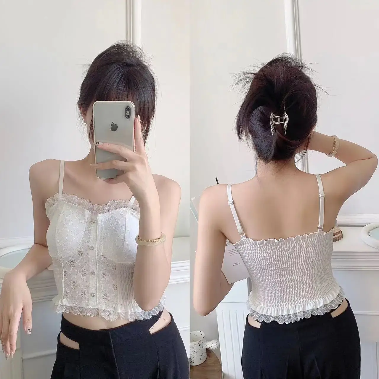 Women Corset Lace Fish Bone Bustier Vest Sexy Mesh Breathable Crop Top White Spaghetti Strap Lace Bra Burlesque Lingerie