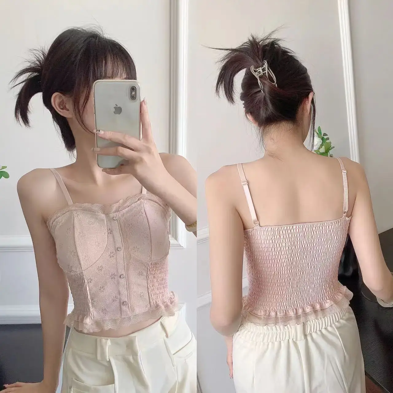 Women Corset Lace Fish Bone Bustier Vest Sexy Mesh Breathable Crop Top White Spaghetti Strap Lace Bra Burlesque Lingerie