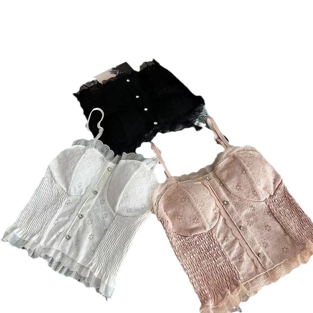 Women Corset Lace Fish Bone Bustier Vest Sexy Mesh Breathable Crop Top White Spaghetti Strap Lace Bra Burlesque Lingerie