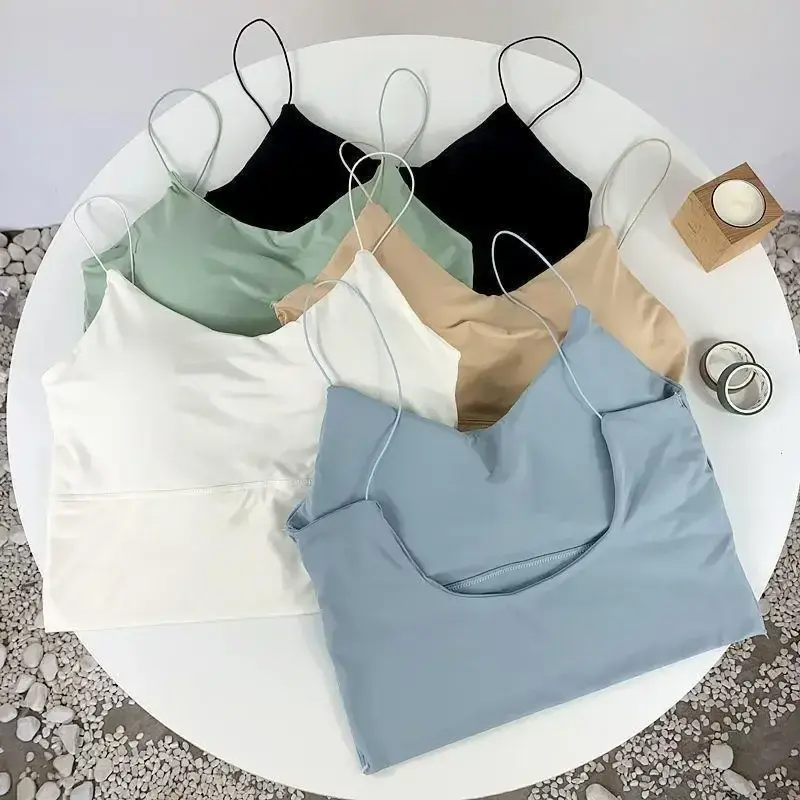 Women Crop Top Sexy Bra Seamless Tank Tops Summer Female Strap Top Backless Camisole Solid Cropped Undershirt One-Piece Cup