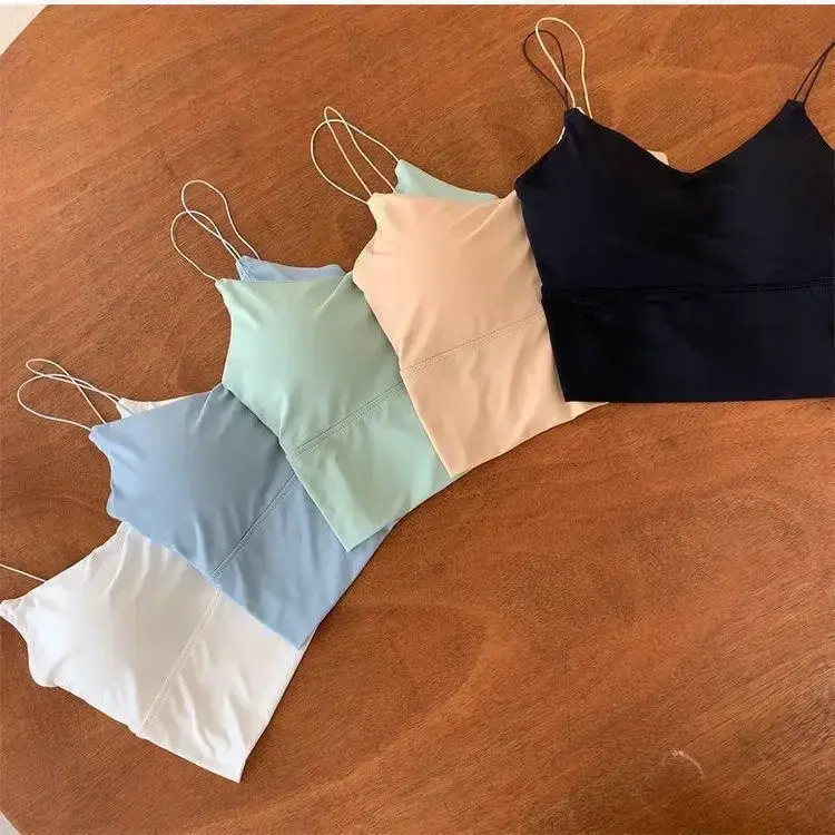 Women Crop Top Sexy Bra Seamless Tank Tops Summer Female Strap Top Backless Camisole Solid Cropped Undershirt One-Piece Cup