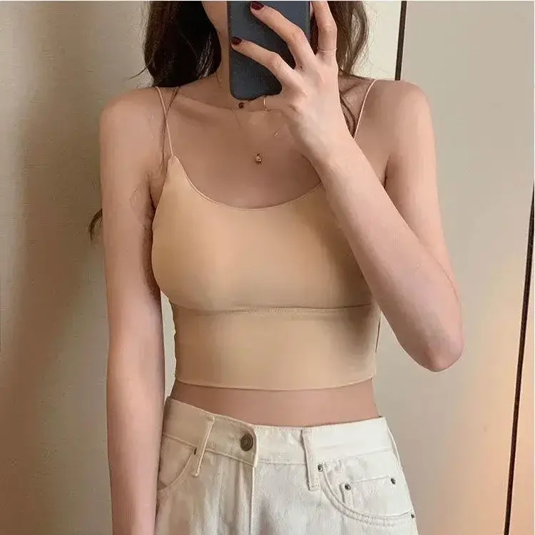 Women Crop Top Sexy Bra Seamless Tank Tops Summer Female Strap Top Backless Camisole Solid Cropped Undershirt One-Piece Cup