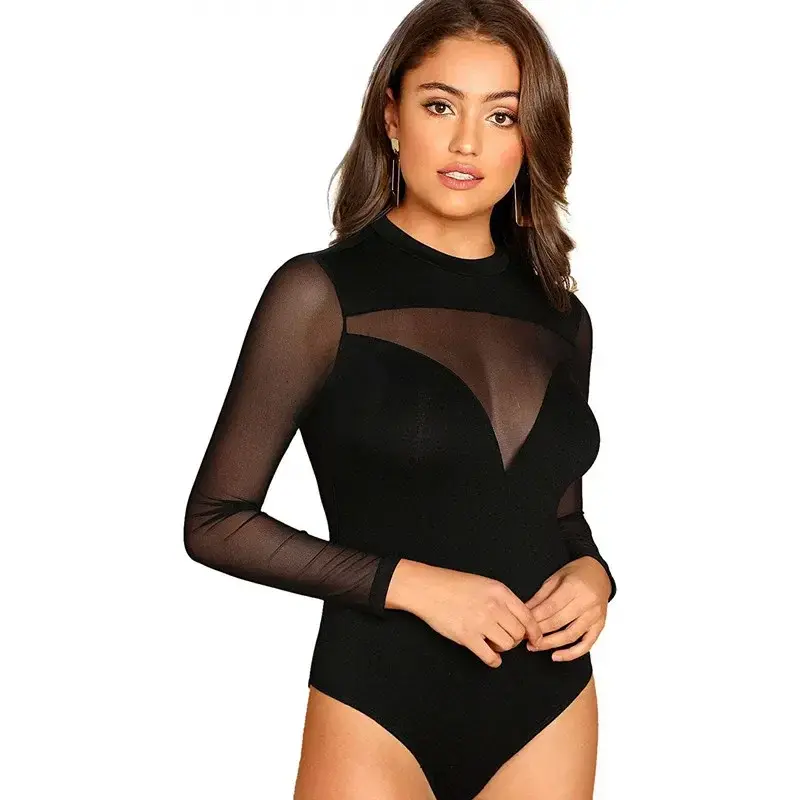 Women Round-neck Long-sleeved Black Mesh Stitching Perspective Supreme Clothing Fashion Simple Nightclub Sexy Bodysuit Lingerie