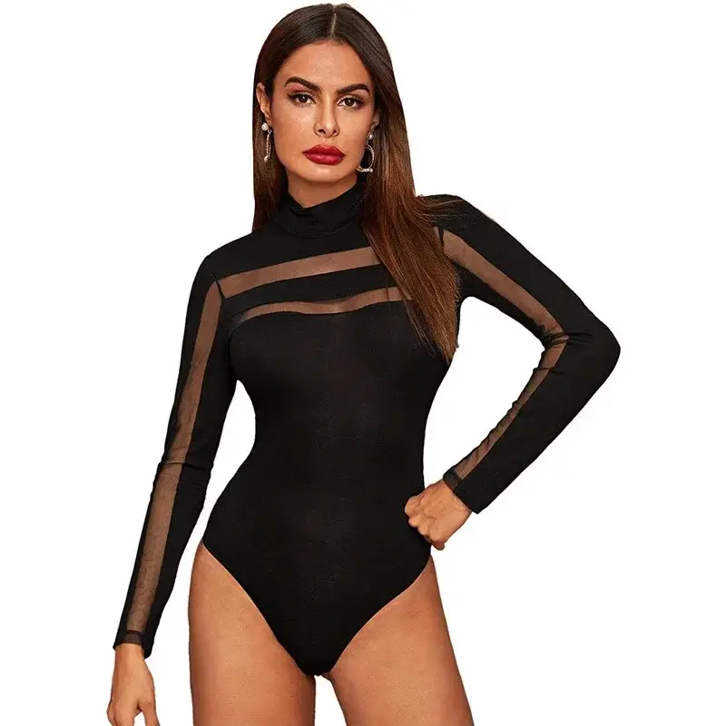 Women Round-neck Long-sleeved Black Mesh Stitching Perspective Supreme Clothing Fashion Simple Nightclub Sexy Bodysuit Lingerie