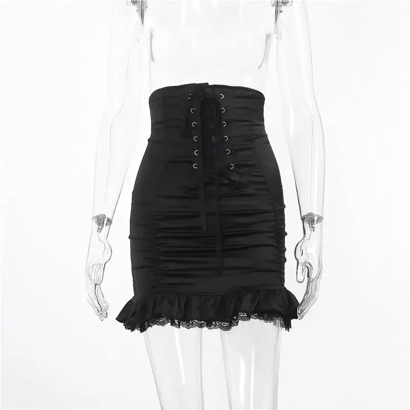 IAMSURE Gothic Bandage Pu Pleated Skirt Darl Black Satin High Waisted Mini Skirts Women Fashion Preppy Style Streetwear