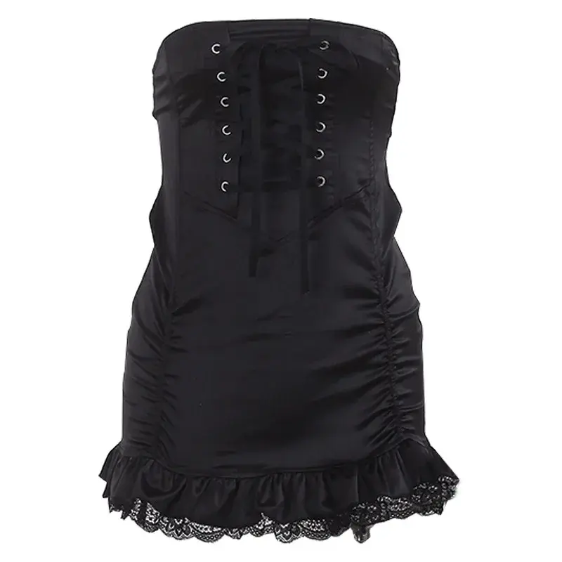 IAMSURE Gothic Bandage Pu Pleated Skirt Darl Black Satin High Waisted Mini Skirts Women Fashion Preppy Style Streetwear