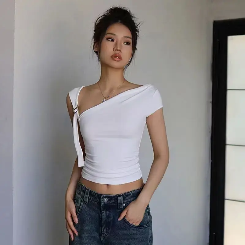 Solid Color Diagonal Shoulder Sling T-Shirt Women Tight Sexy Single Sleeved Slim Casual Cropped Top Summer Off Shoulder Tops