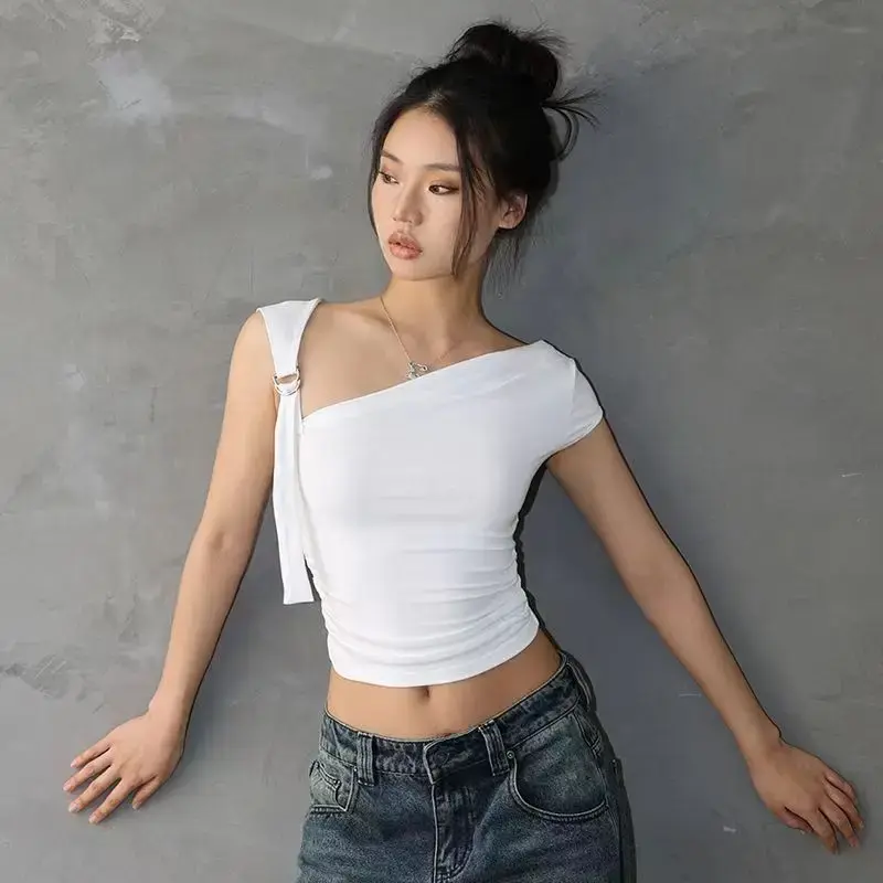 Solid Color Diagonal Shoulder Sling T-Shirt Women Tight Sexy Single Sleeved Slim Casual Cropped Top Summer Off Shoulder Tops