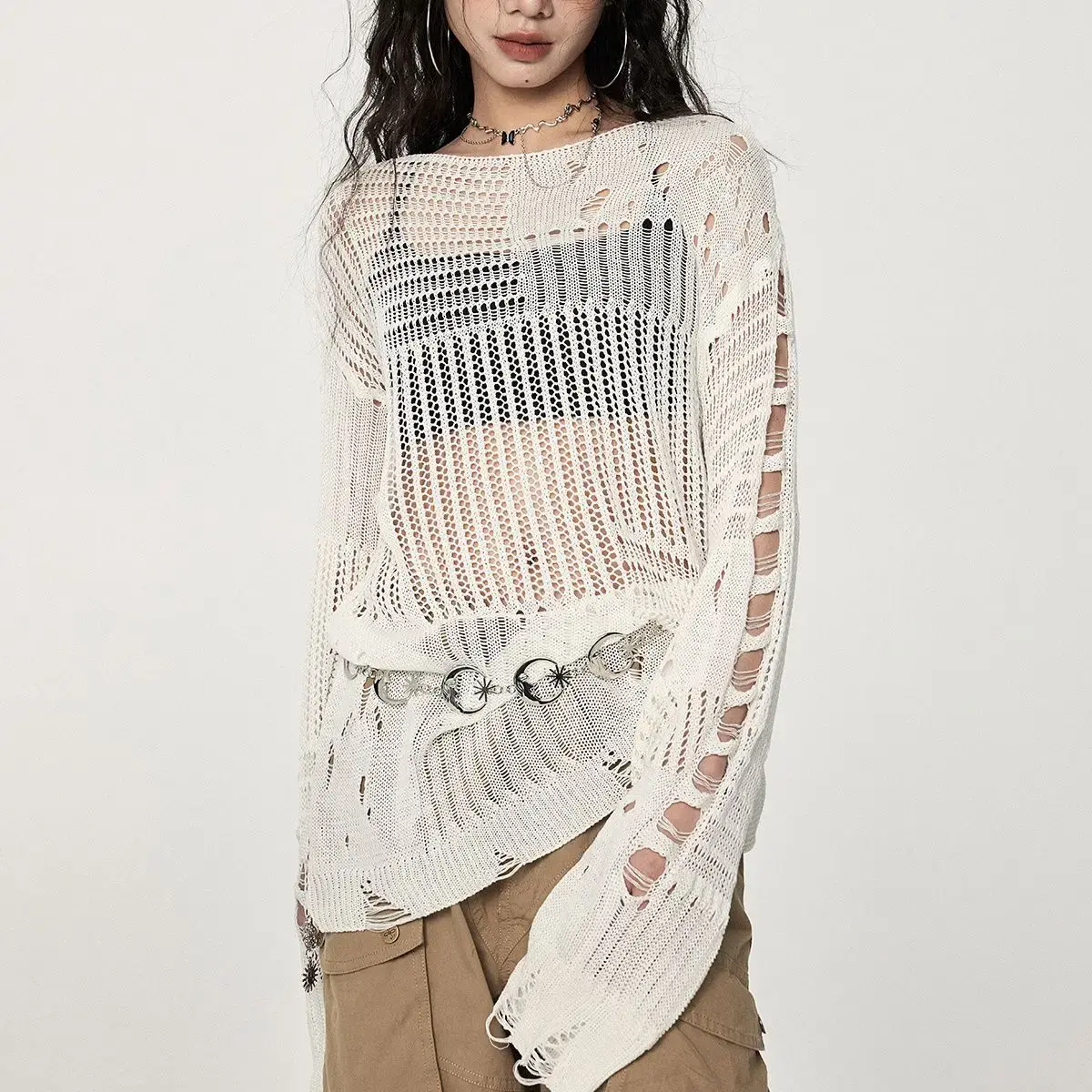Womens Summer Crochet Hole Hollow Out Y2K Knit Scoop Neck Sweater Boho Loose Streetwear Off Shoulder Tops