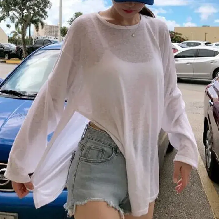 Long Sleeve T-shirts Women Loose Summer Sun-proof Korean Version See Through Thin Tops Leisure Sexy Chic Female Holiday Street