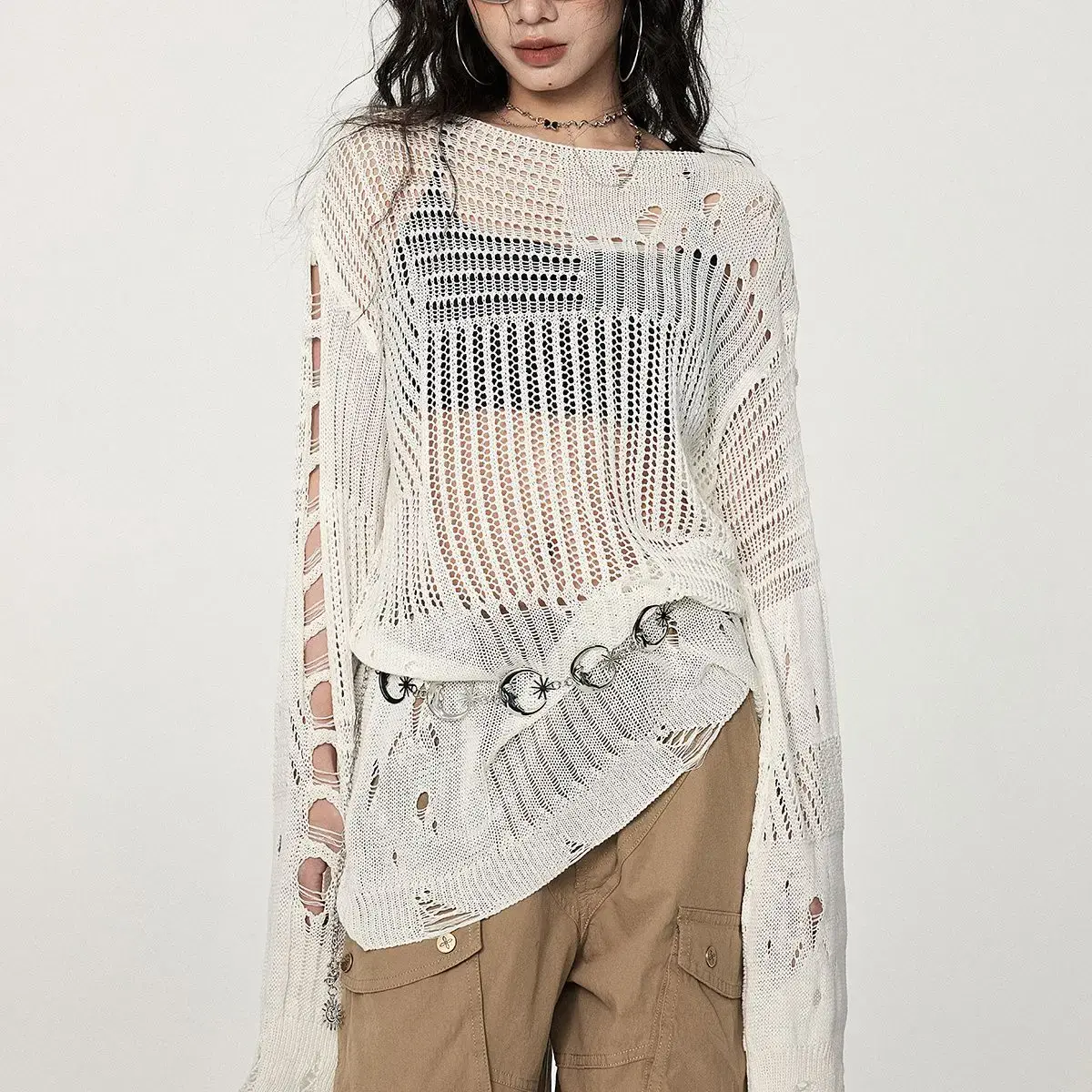 Womens Summer Crochet Hole Hollow Out Y2K Knit Scoop Neck Sweater Boho Loose Streetwear Off Shoulder Tops