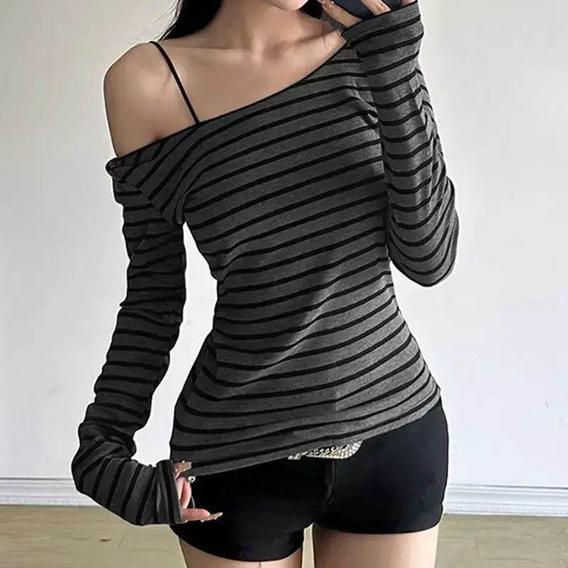 Women's New Japanese Basic Models Slim Long-Sleeved Striped T-Shirt Strapless Korean Street Style Y2k Clothes Thin Tops