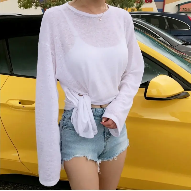 Long Sleeve T-shirts Women Loose Summer Sun-proof Korean Version See Through Thin Tops Leisure Sexy Chic Female Holiday Street