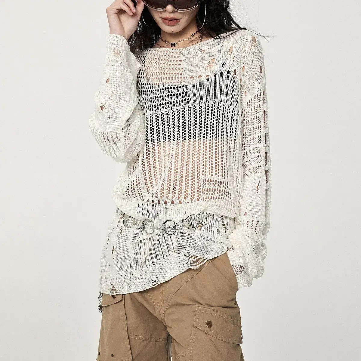 Womens Summer Crochet Hole Hollow Out Y2K Knit Scoop Neck Sweater Boho Loose Streetwear Off Shoulder Tops