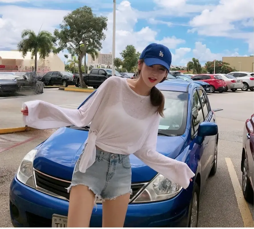Long Sleeve T-shirts Women Loose Summer Sun-proof Korean Version See Through Thin Tops Leisure Sexy Chic Female Holiday Street