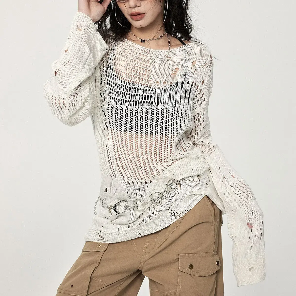 Womens Summer Crochet Hole Hollow Out Y2K Knit Scoop Neck Sweater Boho Loose Streetwear Off Shoulder Tops