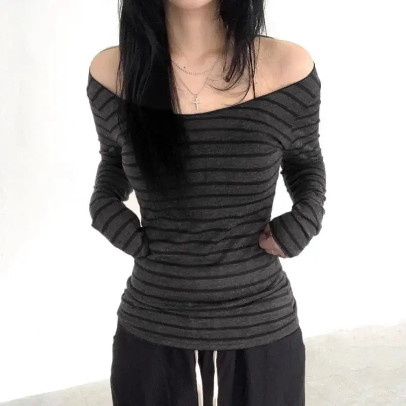 Women's New Japanese Basic Models Slim Long-Sleeved Striped T-Shirt Strapless Korean Street Style Y2k Clothes Thin Tops