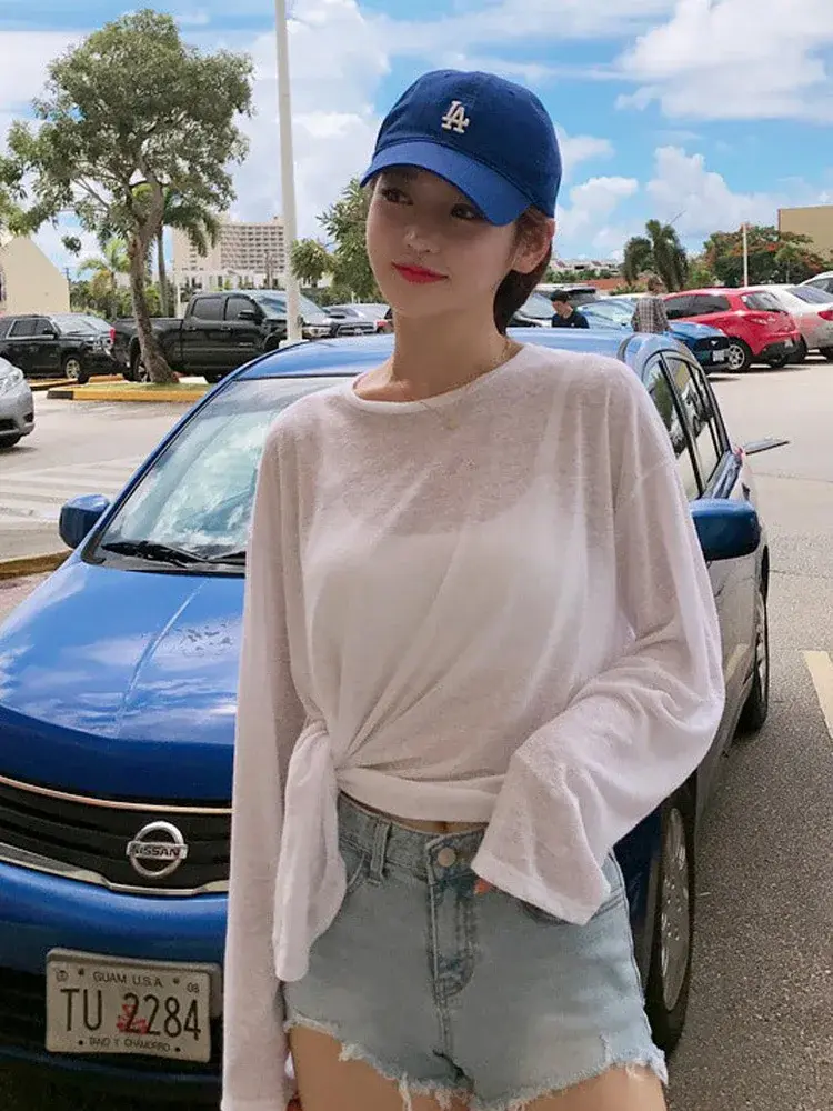 Long Sleeve T-shirts Women Loose Summer Sun-proof Korean Version See Through Thin Tops Leisure Sexy Chic Female Holiday Street
