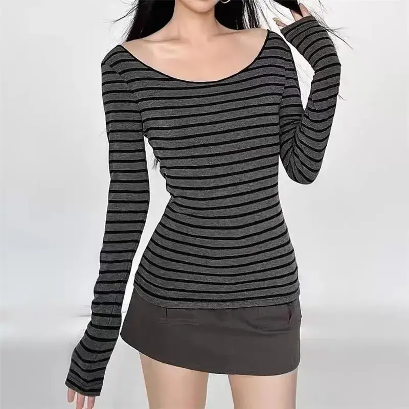 Women's New Japanese Basic Models Slim Long-Sleeved Striped T-Shirt Strapless Korean Street Style Y2k Clothes Thin Tops