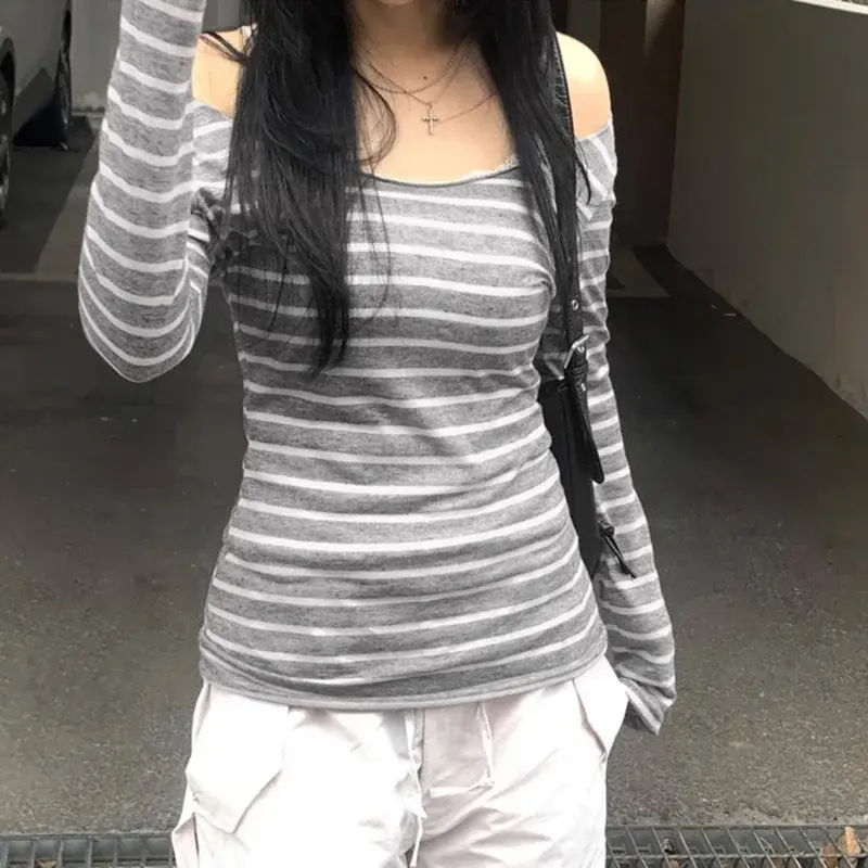 Women's New Japanese Basic Models Slim Long-Sleeved Striped T-Shirt Strapless Korean Street Style Y2k Clothes Thin Tops