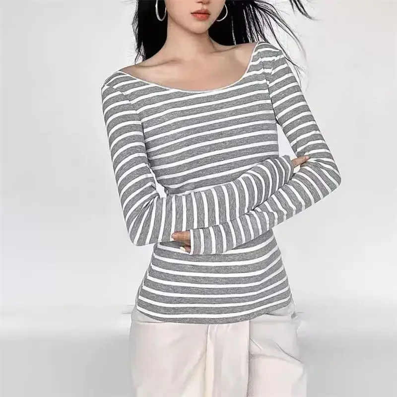 Women's New Japanese Basic Models Slim Long-Sleeved Striped T-Shirt Strapless Korean Street Style Y2k Clothes Thin Tops