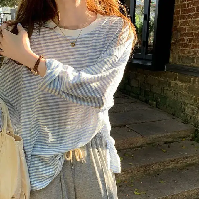 Women's Sun Protection Clothing Tops Round Neck Sweaters Striped Long Sleeved Hollowed Out Sun Protection Crochet Top